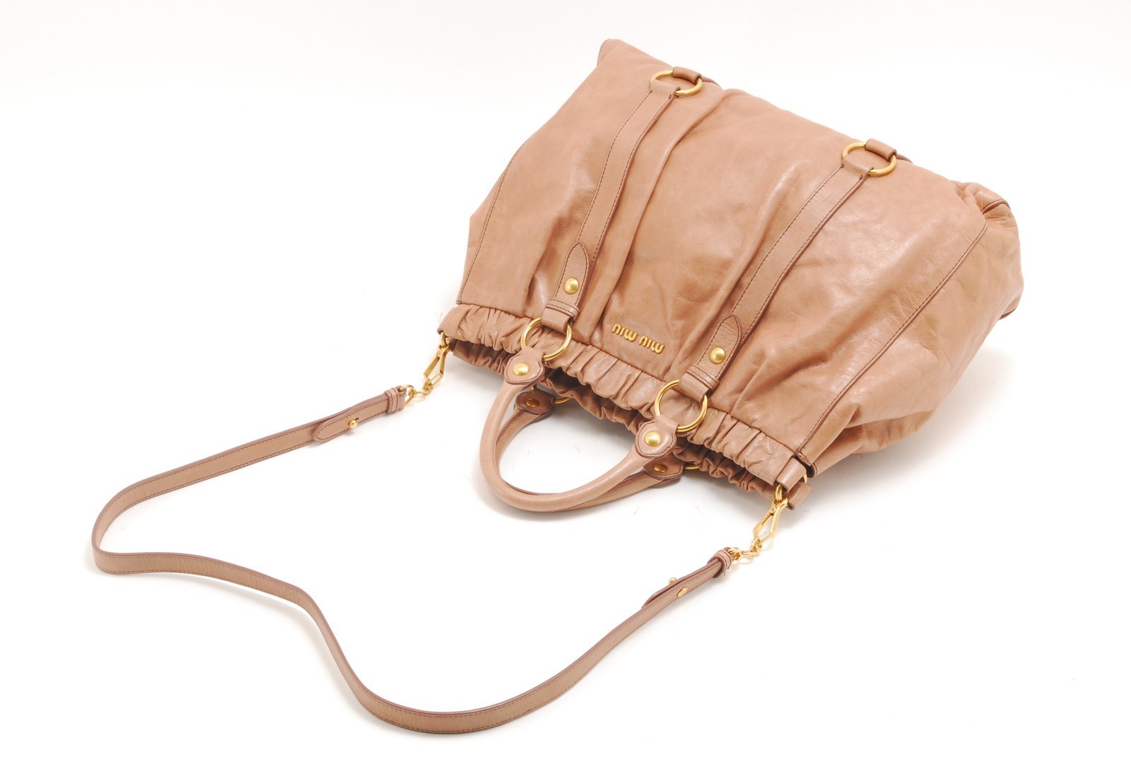 Miu Miu Vitello Lux Leather 2Way Shoulder Tote Bag Pink Beige Gold Hardware