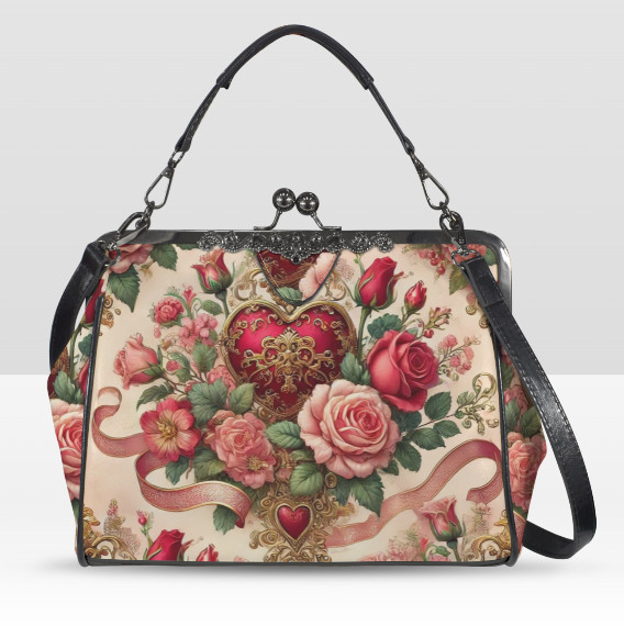 Victorian Heart Valentine’s Day Red Rose Shoulder Cross Body Hand Bag Satchel