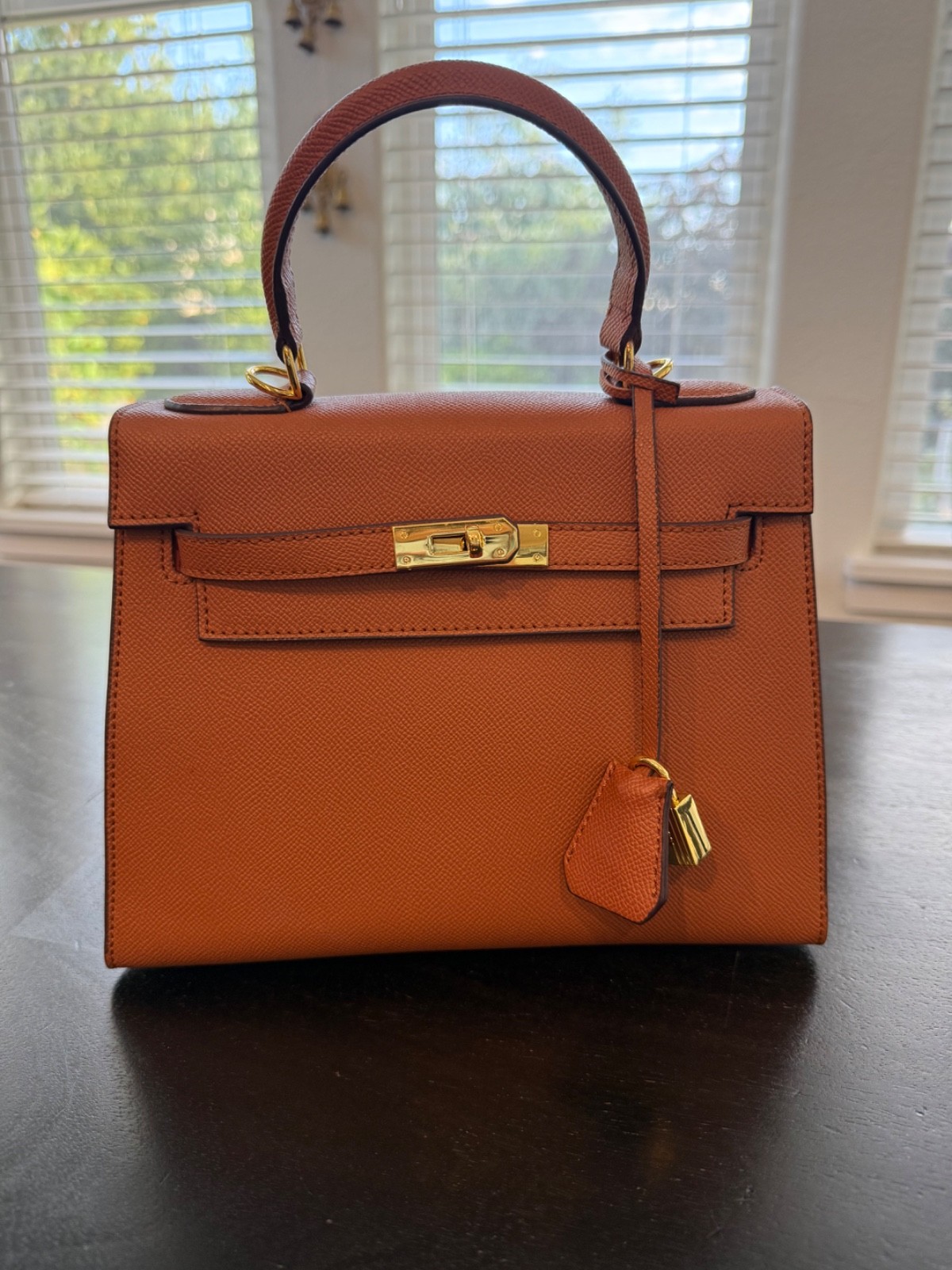 Top handle satchel bag with detachable adjustable strap, cognac