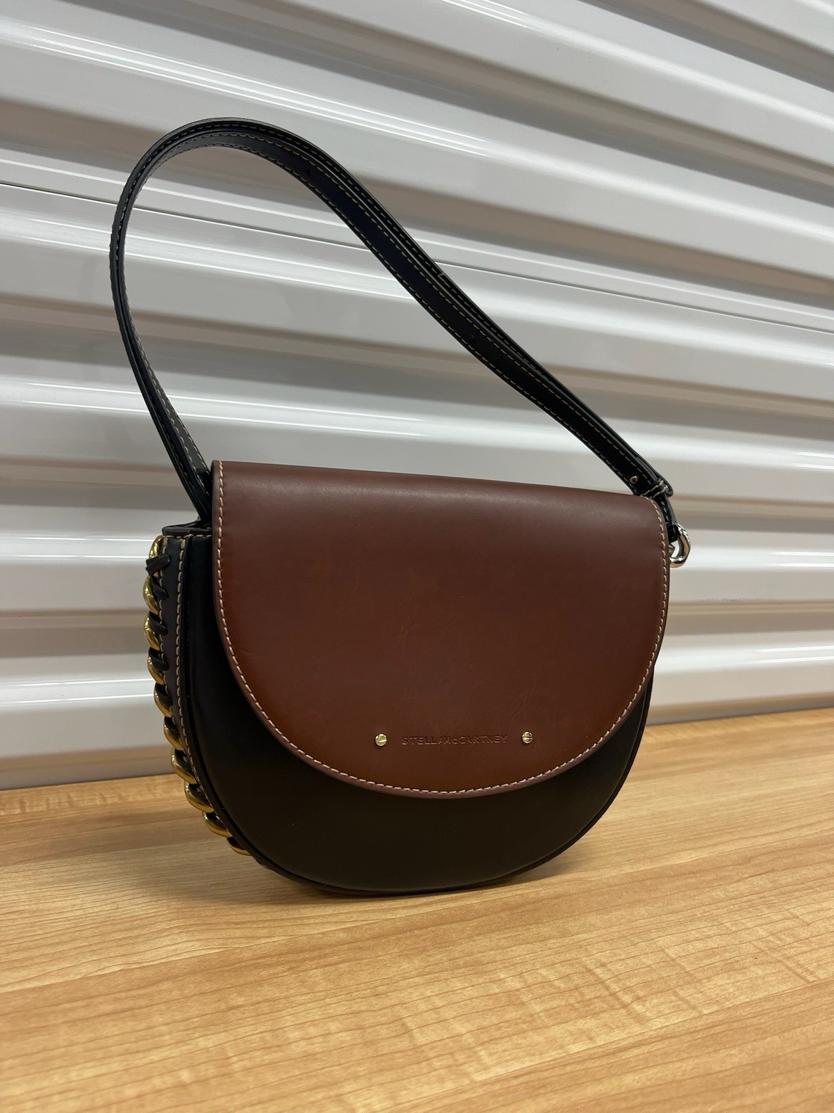 Stella McCartney Frayme Small Flap Bag Bicolor Eco Alter Mat Black Brown Gold