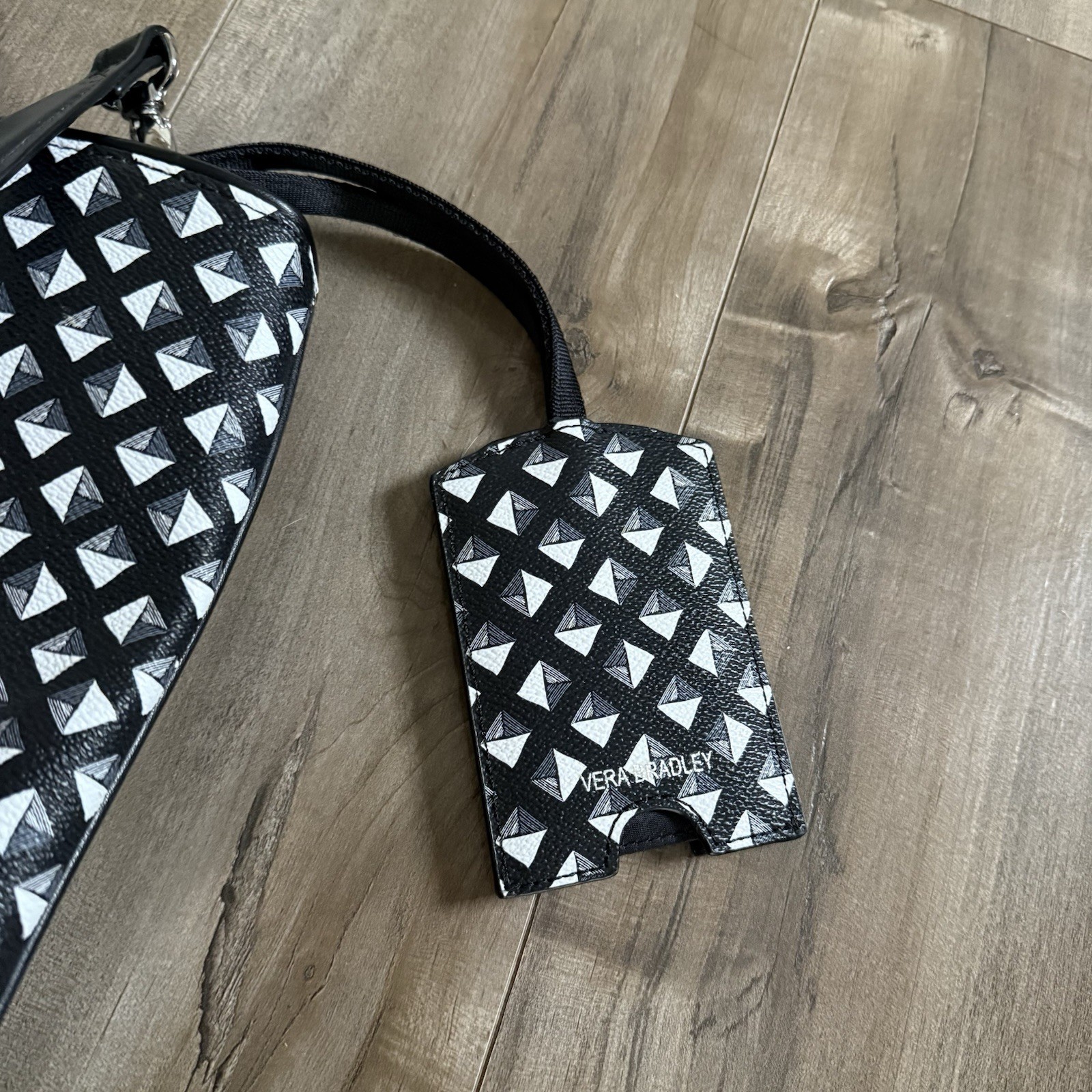 Vera Bradley Tassel Tote Large Black White Geometric Luggage Tag Leather