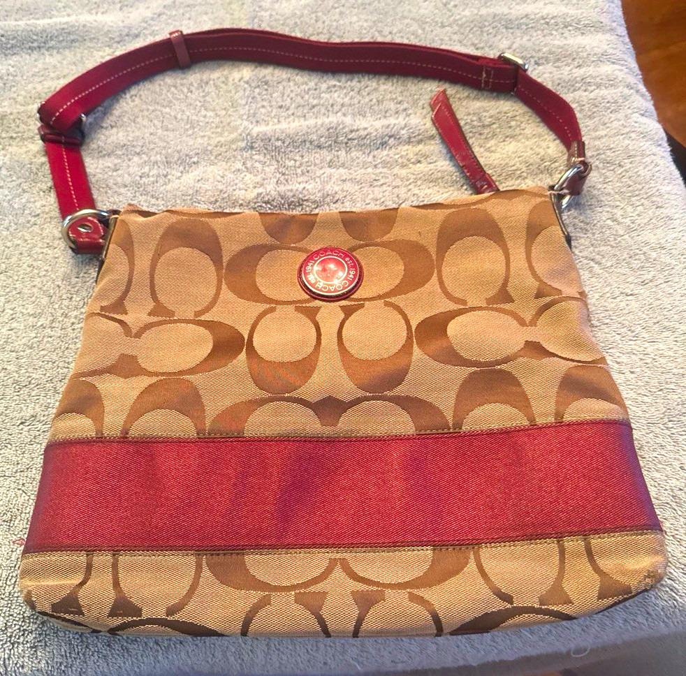 Coach Signature Shoulder Bag Brown/Red Zip w/ Detachable Strap