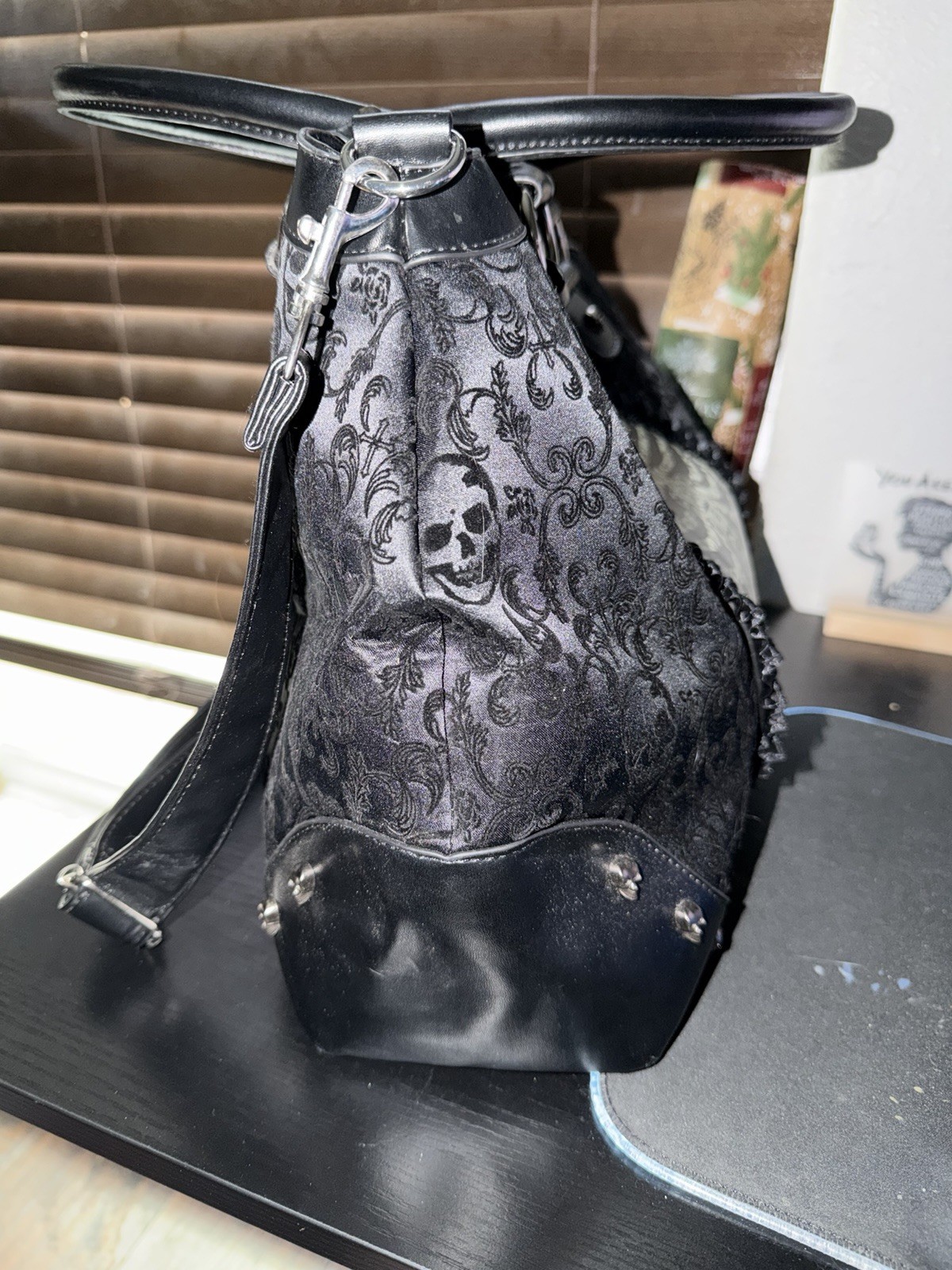 Lost Queen Black Goth Flocked Ribcage Skeleton Cameo Purse Shoulder Bag Large.
