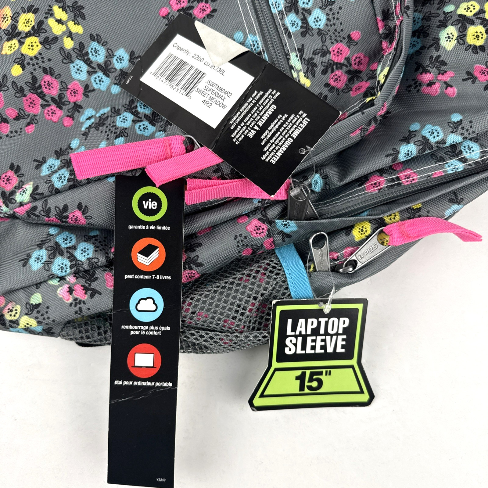 NEW JanSport Trans TM60 Gray Floral Laptop Backpack Bottle Holder 36L FREE SHIP