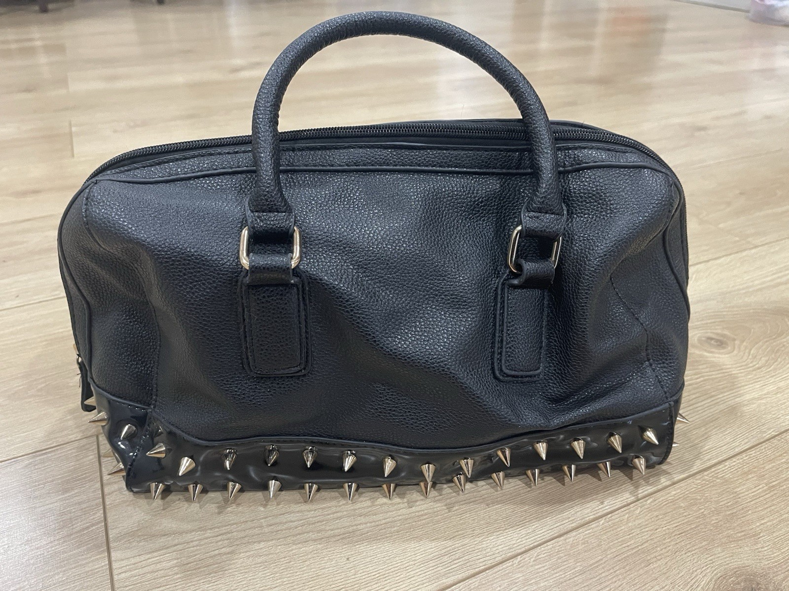 JustFab Black Studded Satchel Bag Silver Hardware Zip Multicolor Lining