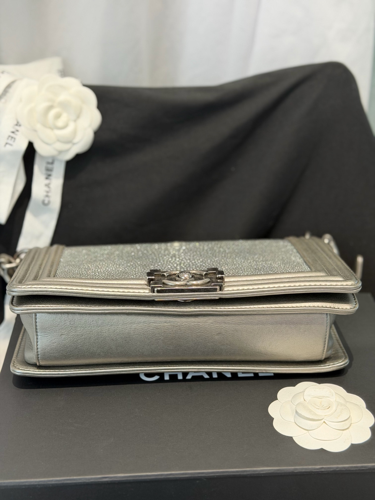 Authentic Chanel Le Boy Medium Stingray Leather Shoulder Bag Silver eBay AG
