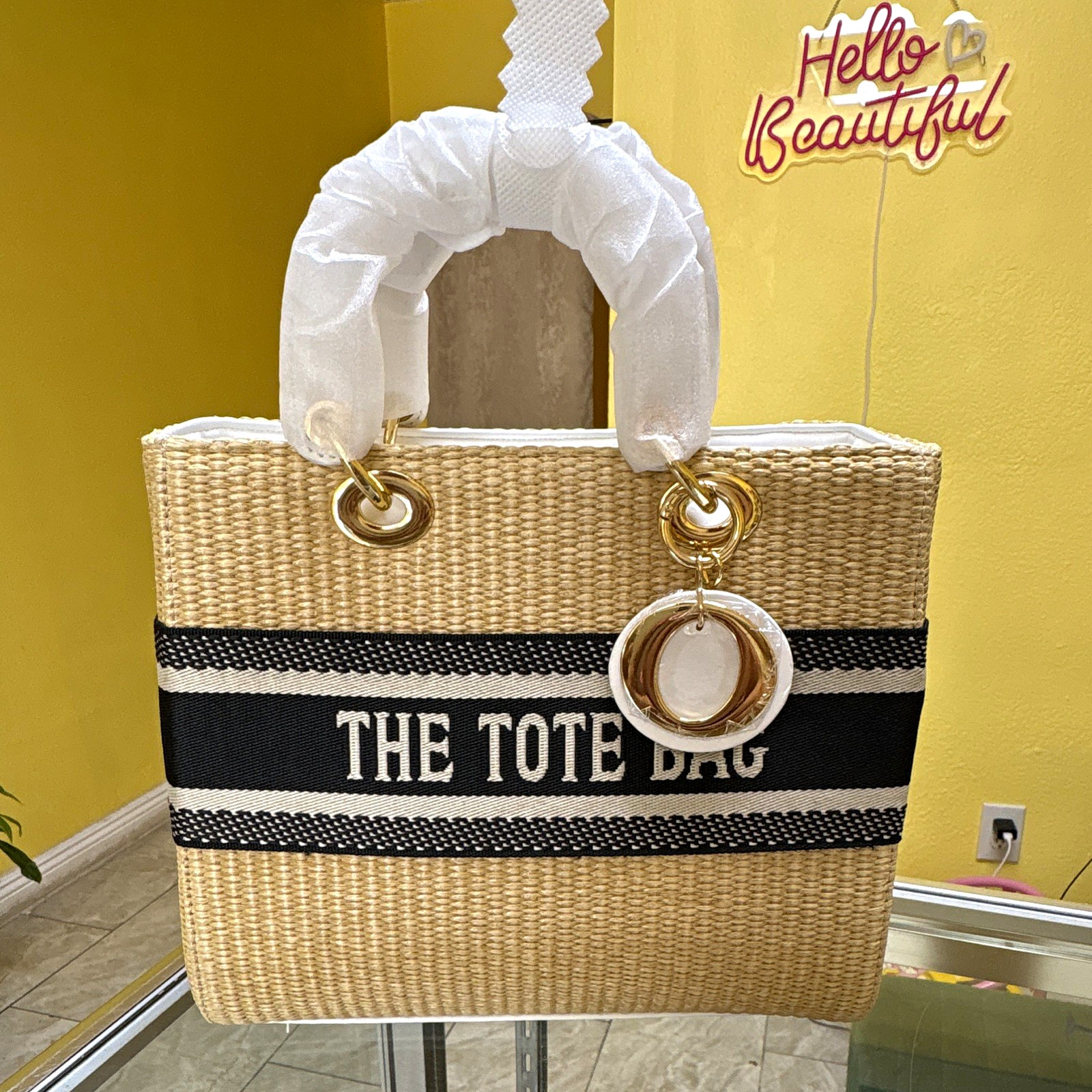 Large Tote Bag Natural/Black/White Striped, Gold Hardware, Logo Charm, Pockets