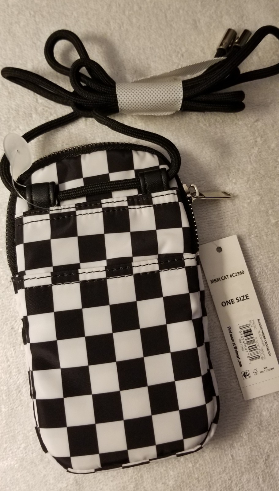 No Boundaries Black White Checkered Bungee Crossbody Phone Bag Mini Zip Closure