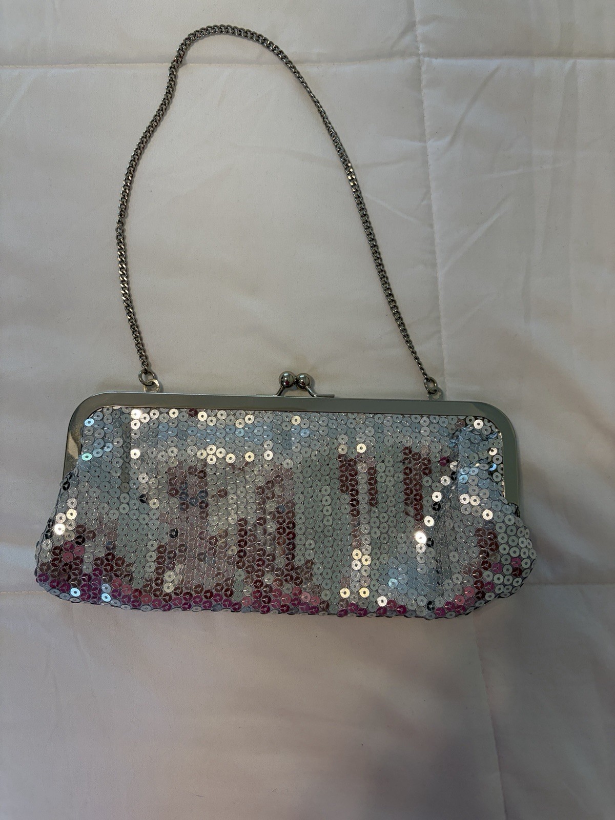 Ann Taylor Loft Silver Sequined Clutch Purse Sparkling Evening Formal Chic K7