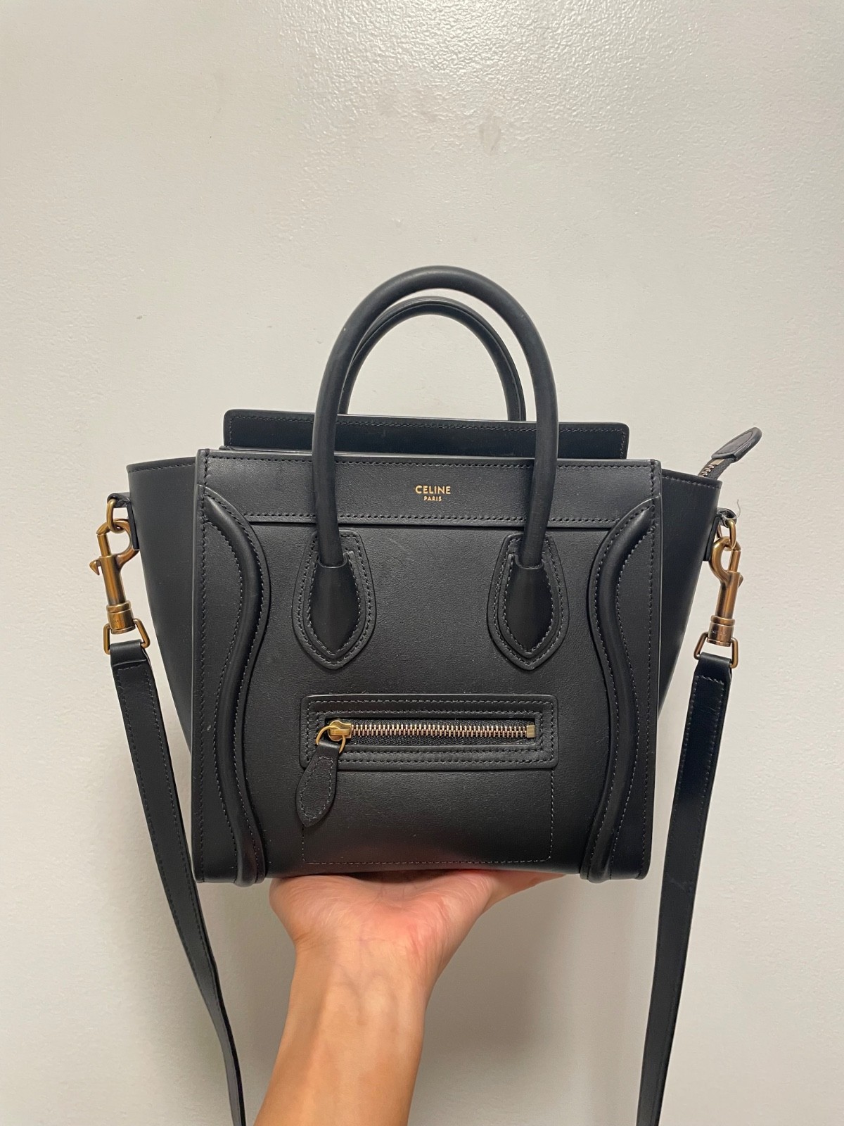 CELINE Luggage Shoulder Bag Nano Black Leather