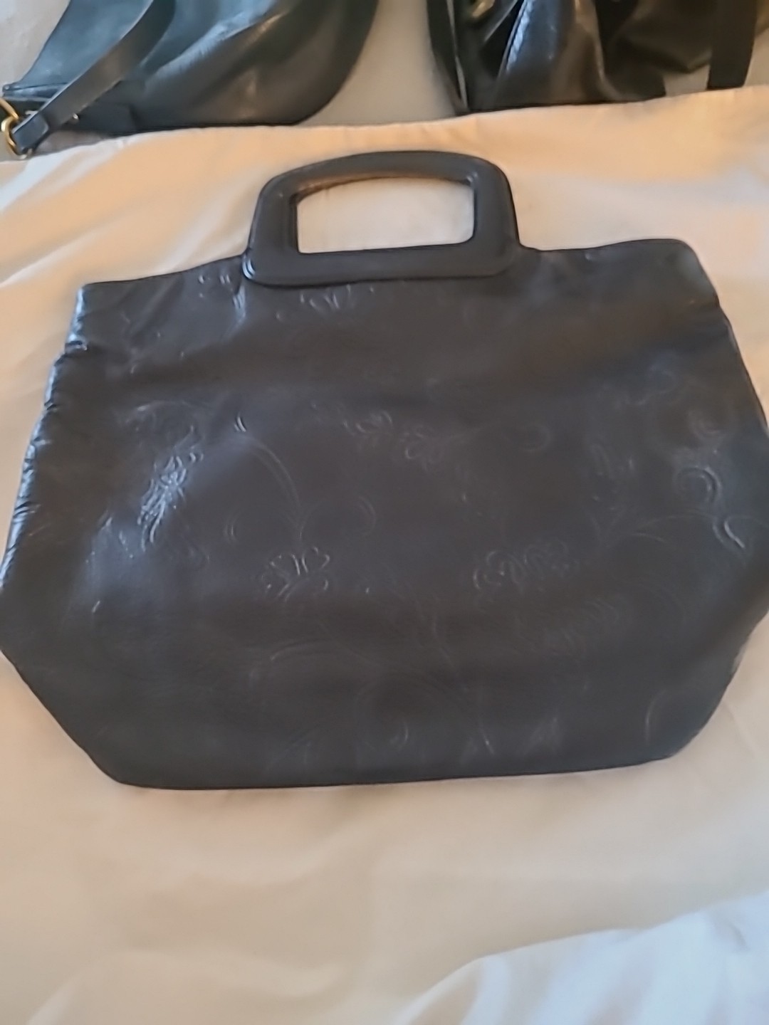 Med/Large Fossil Rachel Handbag Black Leather Floral Snap Double Handle NO STRAP