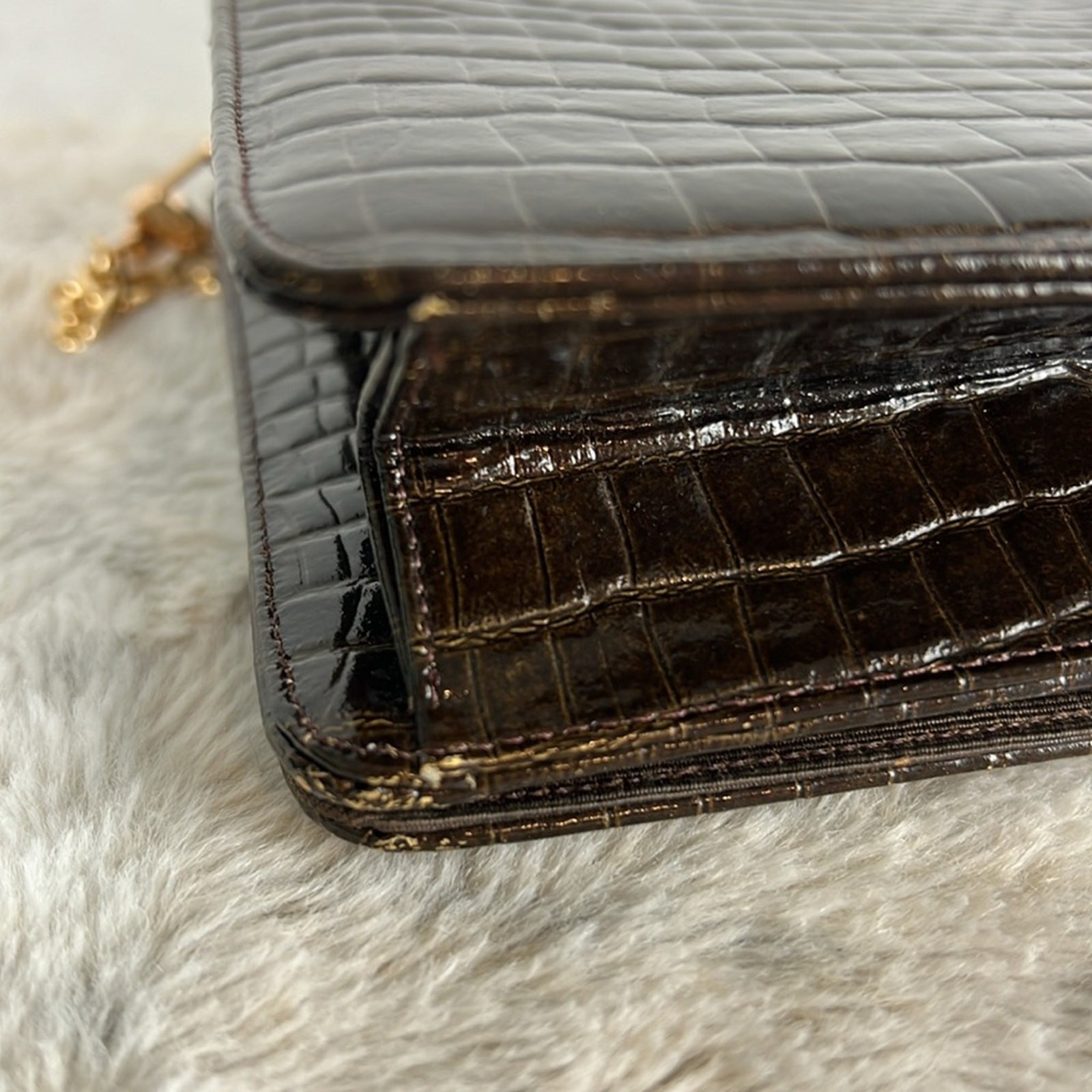 Bienen Davis Vintage Croc Embossed Structured Flap Bag Gold Chain Old Money