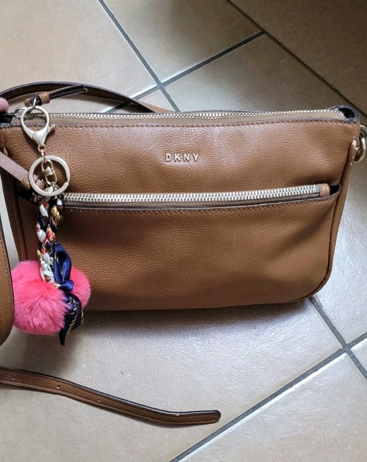 DKNY Brown Pebbled Crossbody Bag Zip w/ Charm, Adjustable Strap Silver