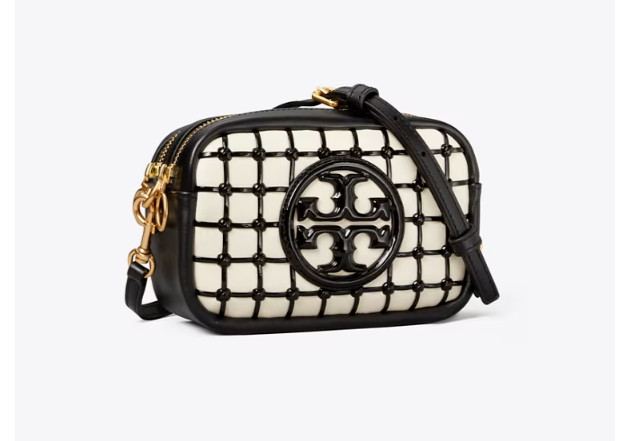 Tory Burch PERRY Bombe Patent Whipstitch Mini Bag Double Zip Black White Leather