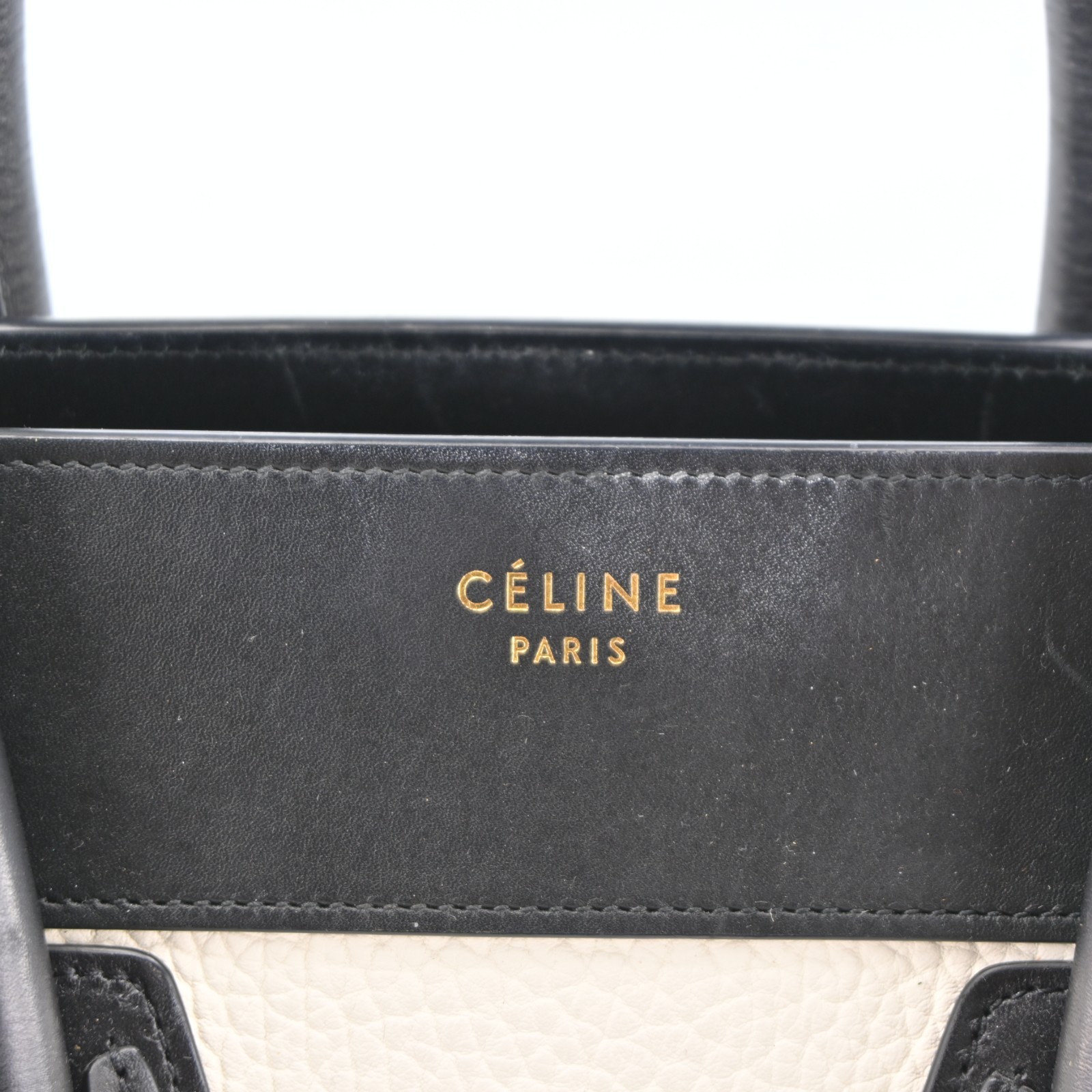 CELINE Luggage Mini Shopper Hand Bag Leather Black x White R3917YJ805