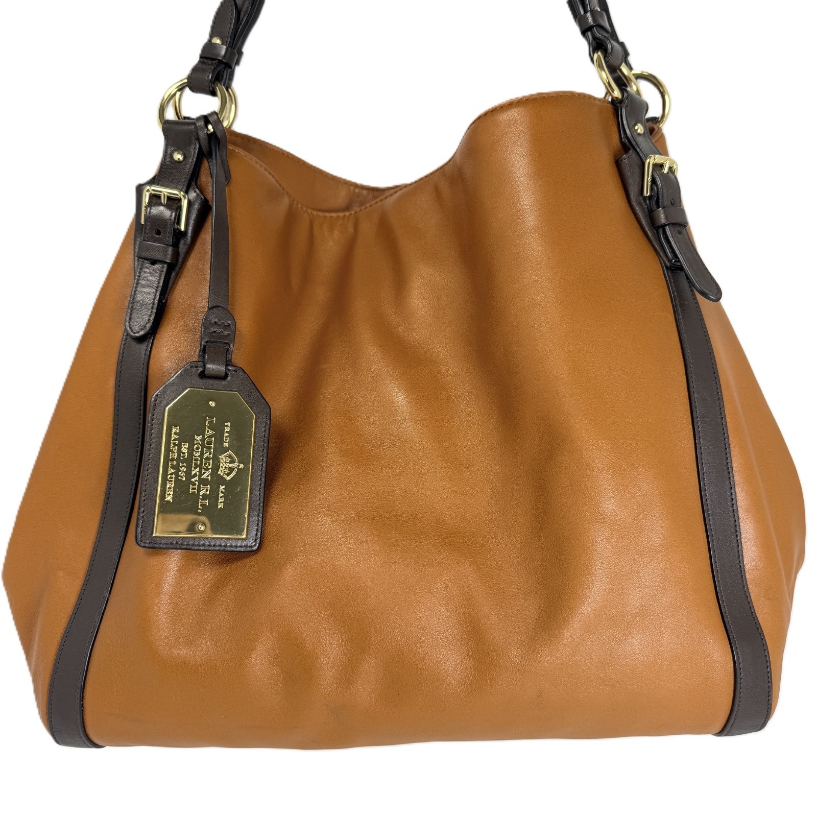 Lauren Ralph Lauren Oversized Leather Hobo Tote Cognac Brown Shoulder Bag