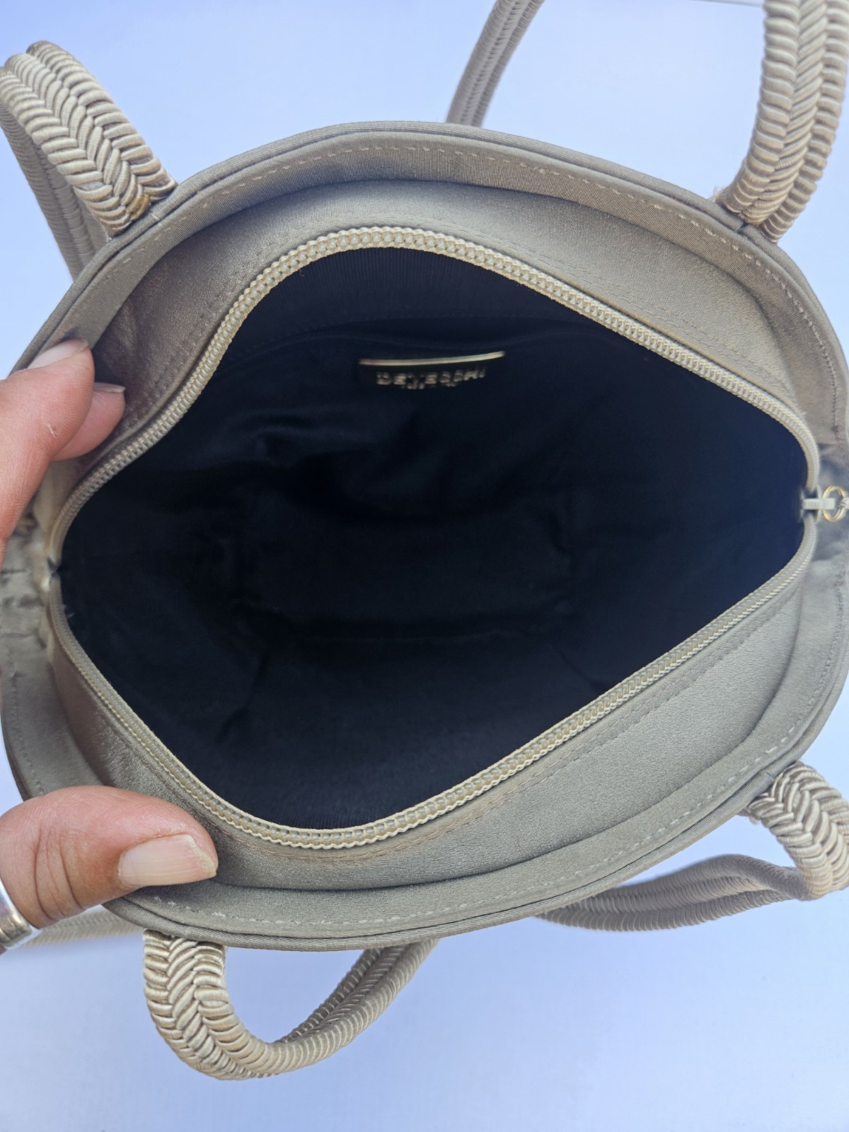 De Vecchi Taupe Shoulder Bag Zip Top Tassel Accent Gold Hardware Dust Bag