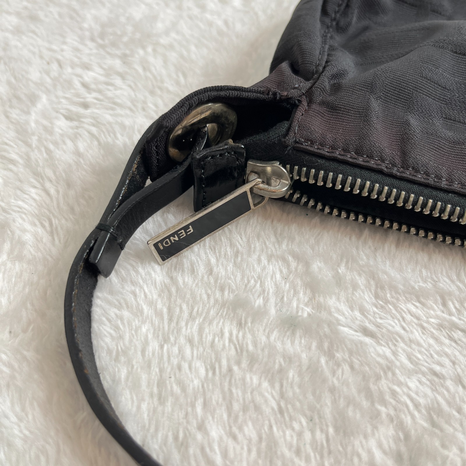 VTG Fendi FF Zucca Shoulder Handbag Monogram Black Fabric Baguette Pochette