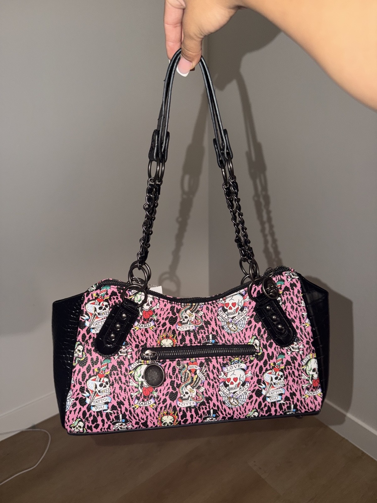 Ed Hardy Pink Black Tattoo Skull Animal Print Studded Chain Strap Zip Bag Charm