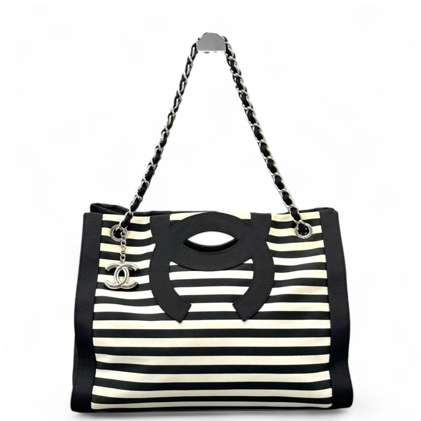 Chanel Shopping Tote Black White Striped Canvas (ym062626a0r)