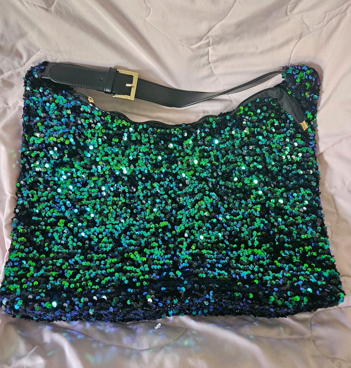 NWT Blue Green Mermaid Sequin Shoulder Bag Hobo Purse Adjustable Strap Zip Top
