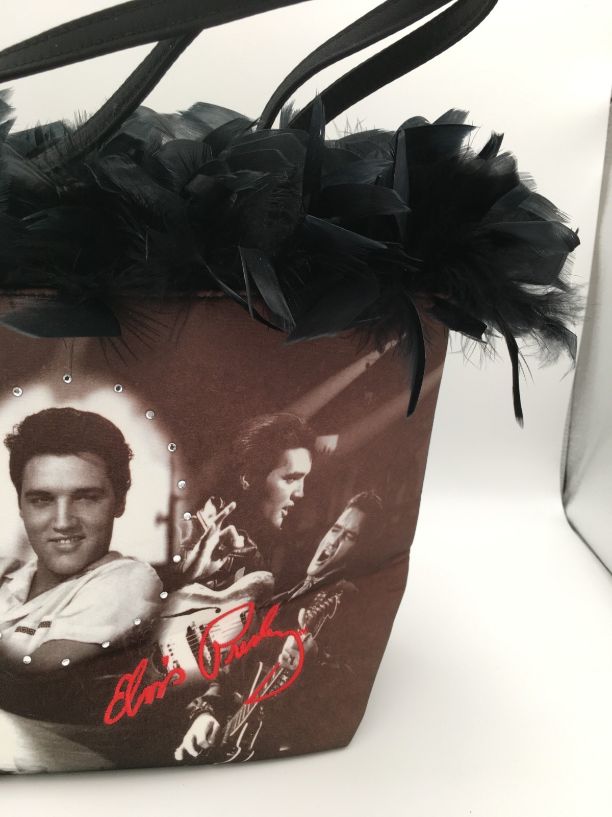 Ashley M Elvis Presley tribute tote bag blk. brown/faux feather trim&rhinestones