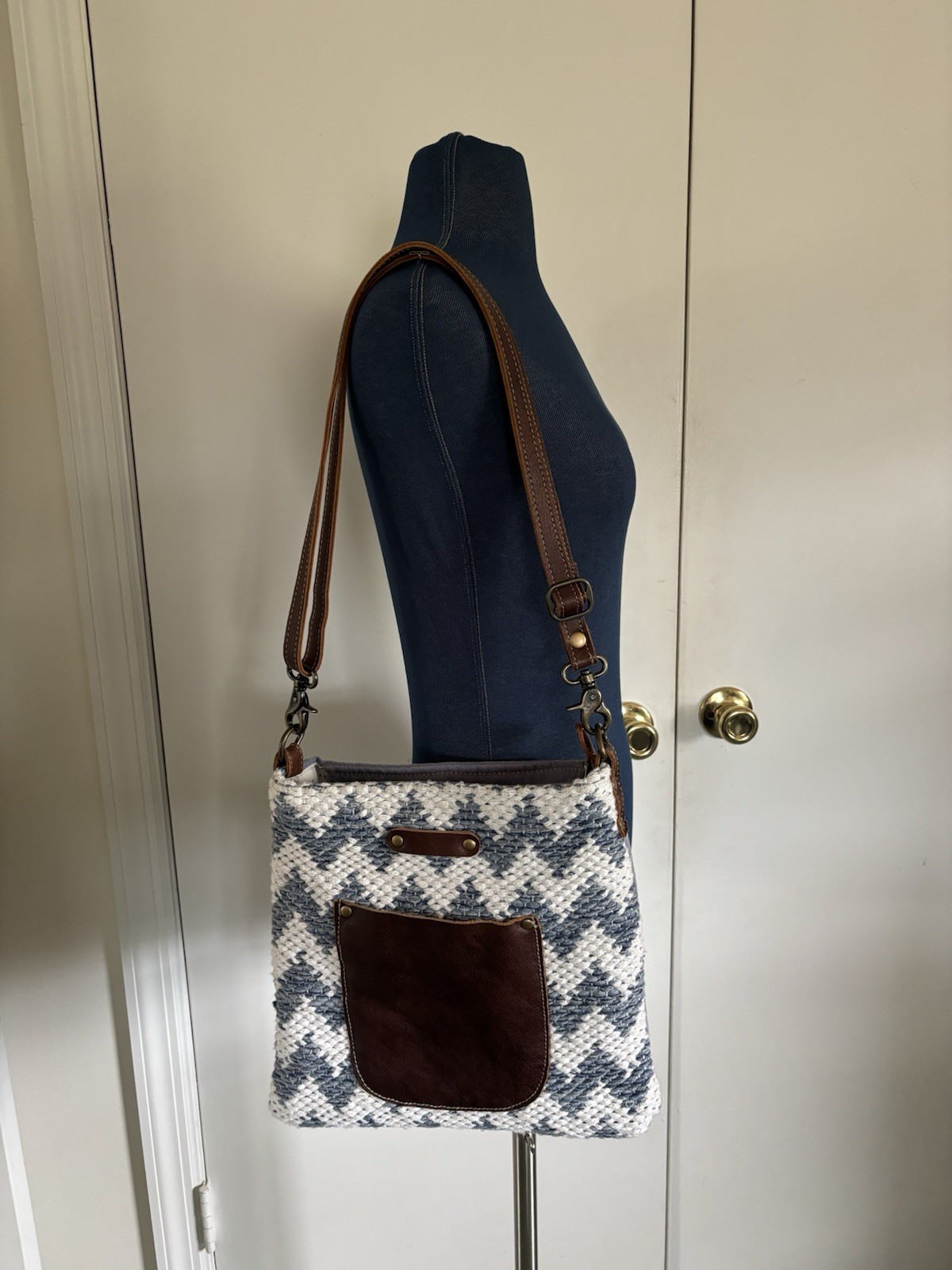 MYRA Crossbody Shoulder Bag Blue Denim Woven Cotton & Brown Leather Pocket