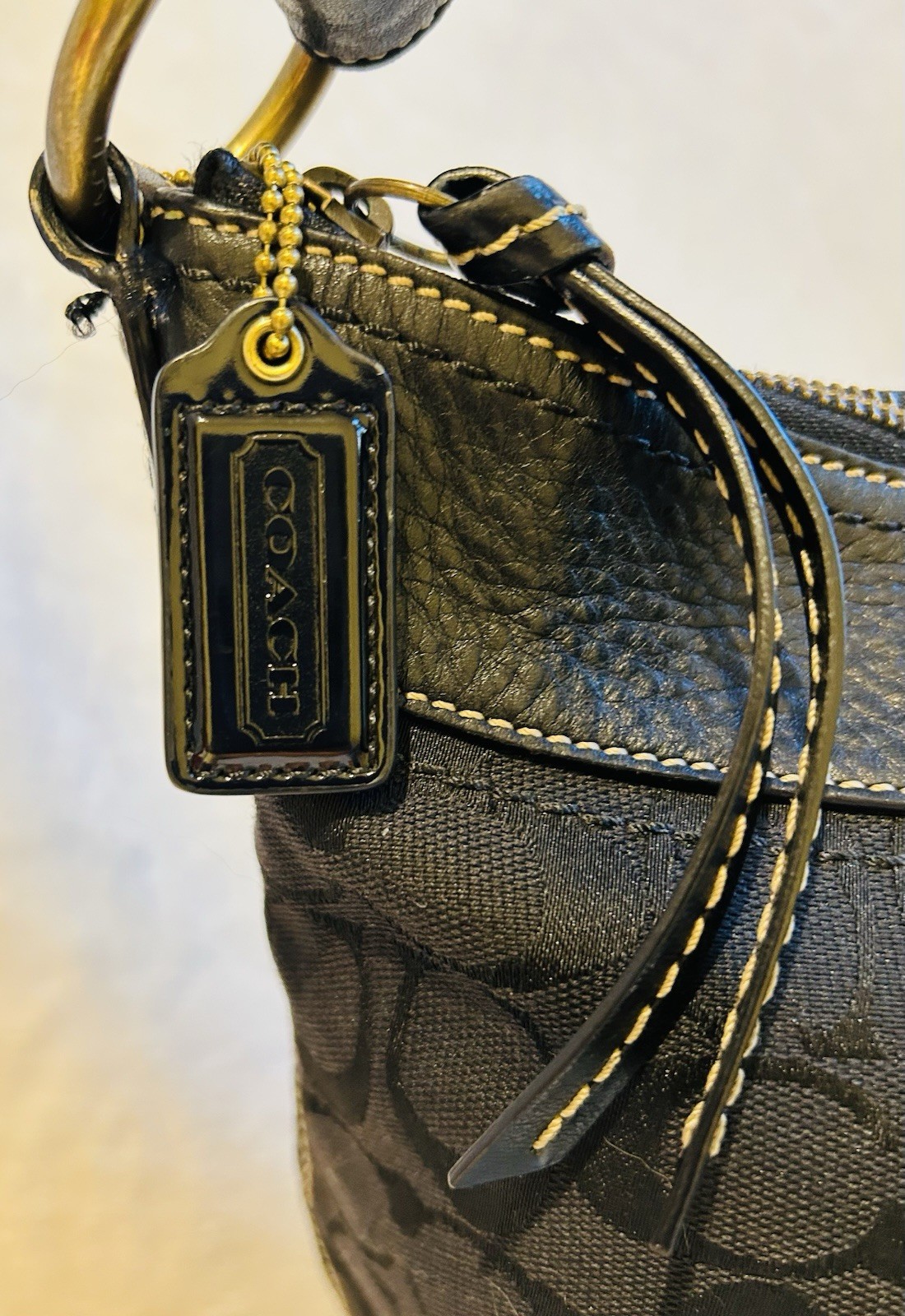 Coach Black Signature 10403 Logo Medium Shoulder Bag Adjust Strap Gold Hardware