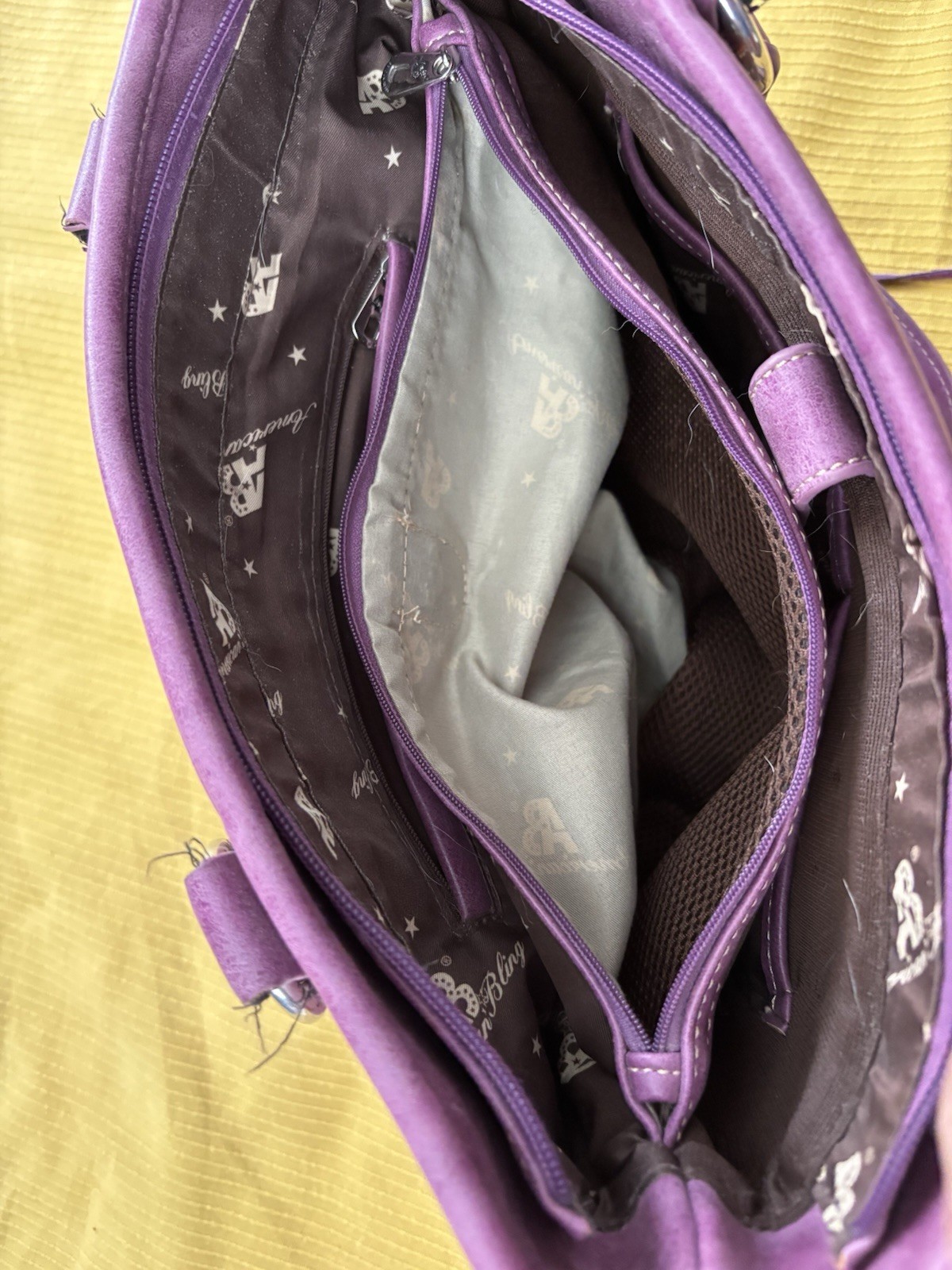 Bling Purple Paisley Embroidered Studded Tote Bag Zip Closure w/ Wristlet
