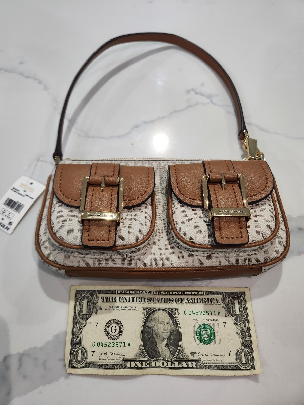 Michael Kors Logo Small Shoulder Bag Beige/Brown Zip w/ Detachable Strap