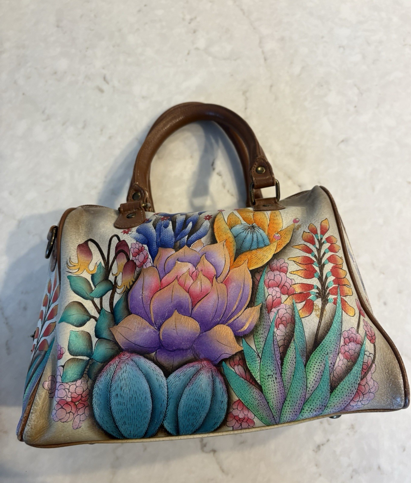 Anuschka Hand-Painted Floral Satchel Top Handle Zip Multicolor Bronze
