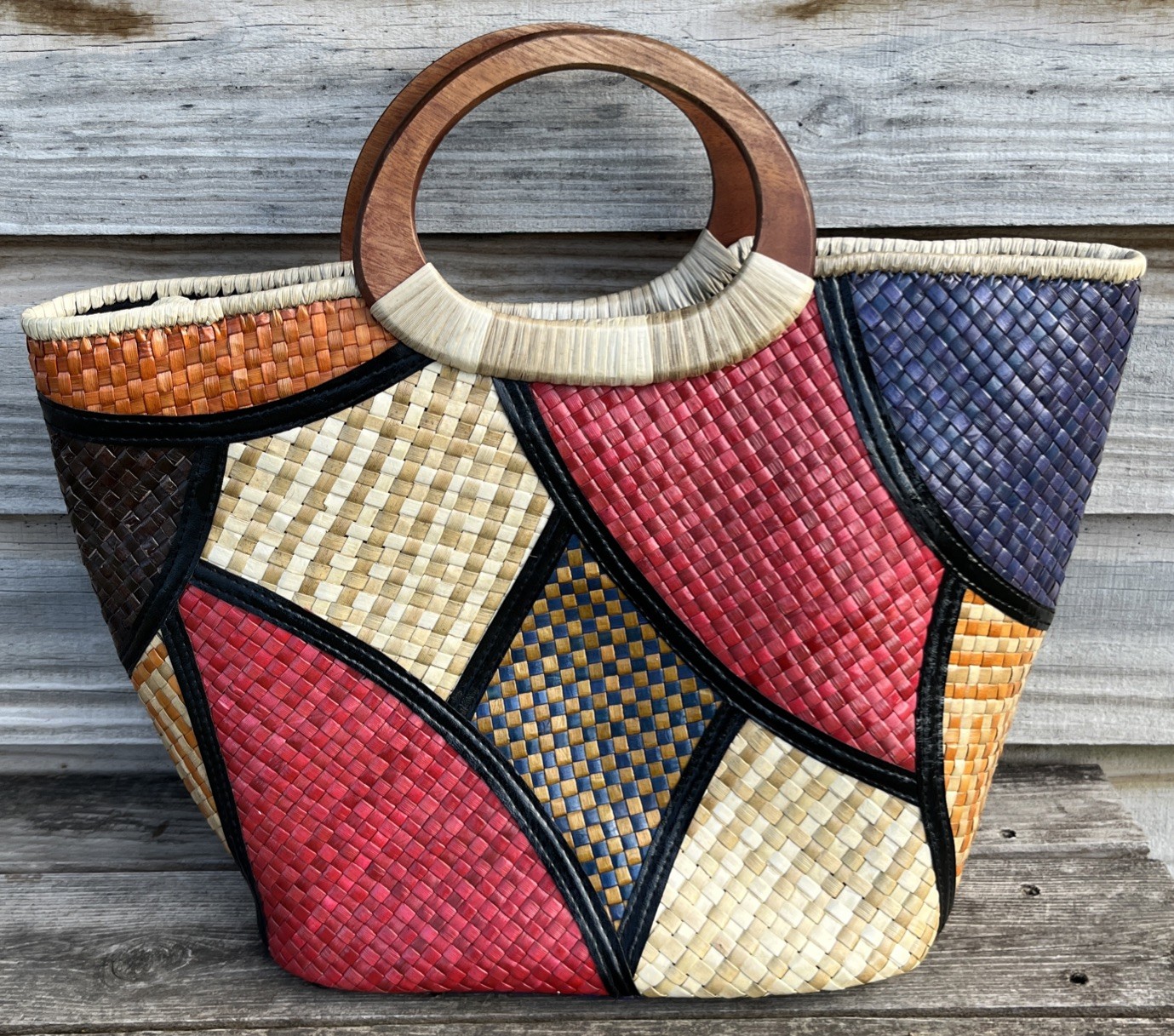Patchwork Mosaic Woven Straw Purse Bag Tote Wood Handles Zipper 1 Pocket Large
