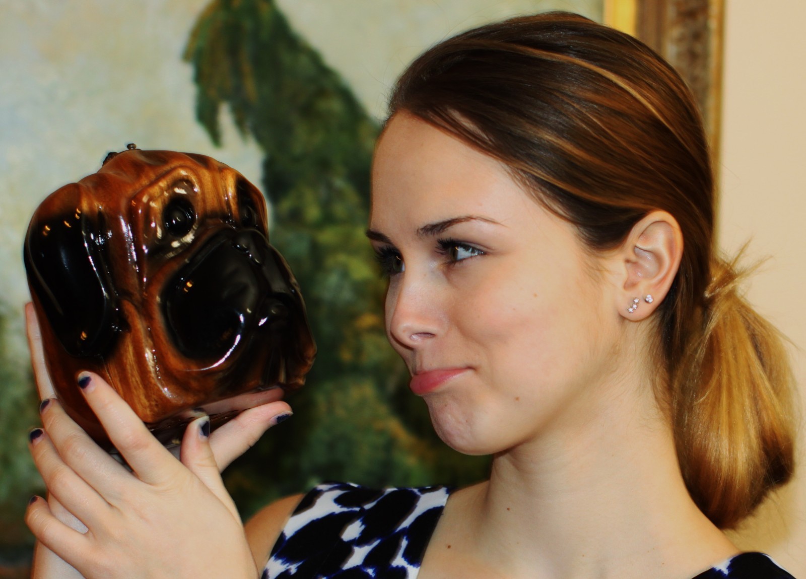 TIMMY WOODS BULLDOG BULL PUG DOG MINAUDIERE SHOULDER CLUTCH HAND CARVED CLUTCH