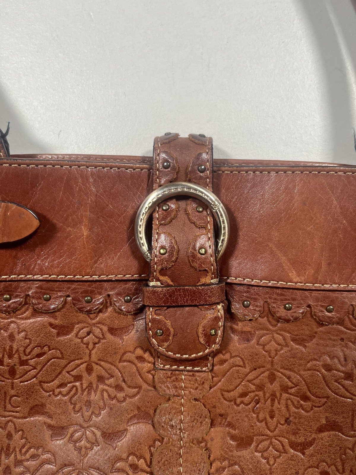 Liz Claiborne Shoulder Bag Womens Large Brown Leather Western Floral Studded