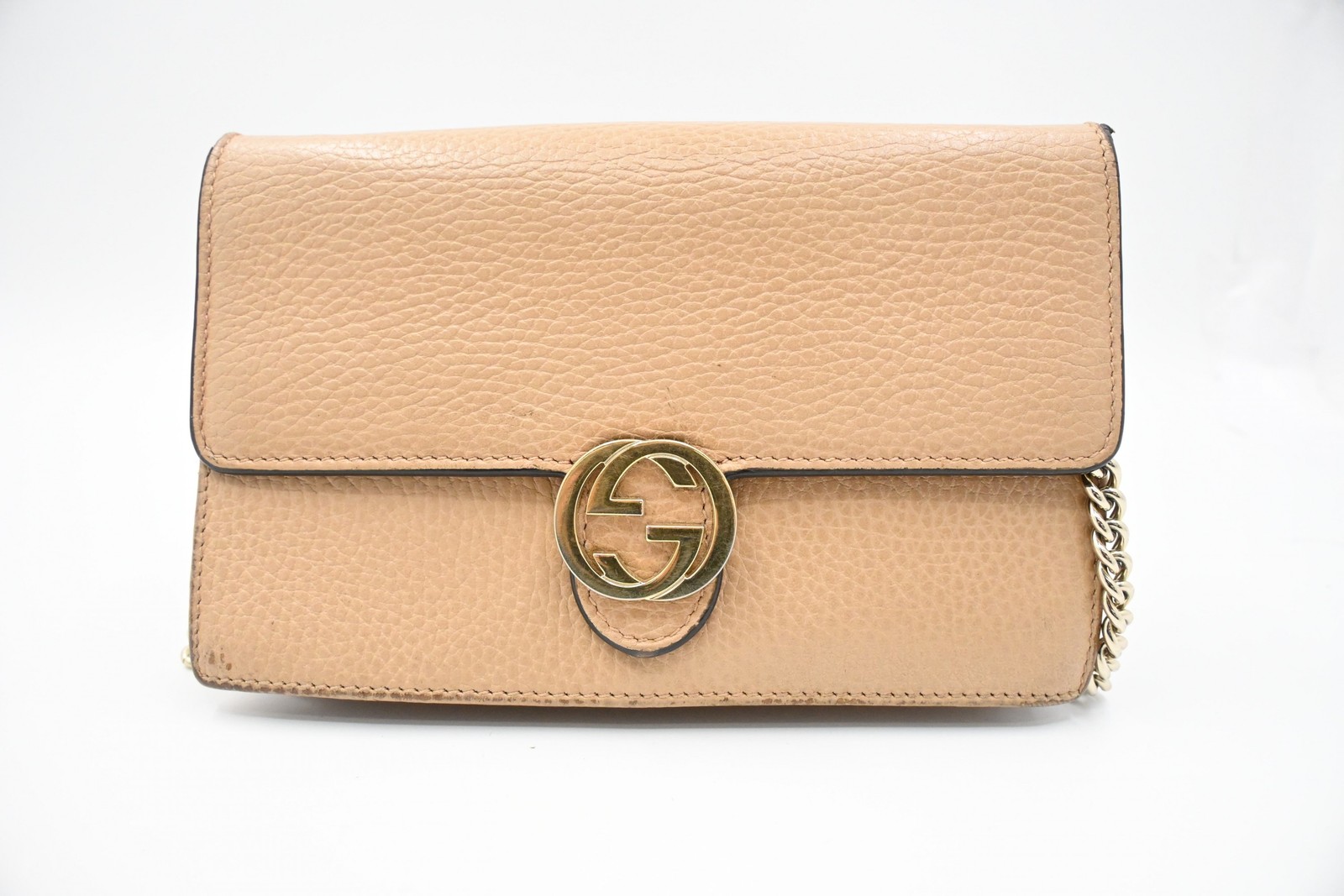 Authentic Gucci Interlocking G Chain Wallet in Beige Leather