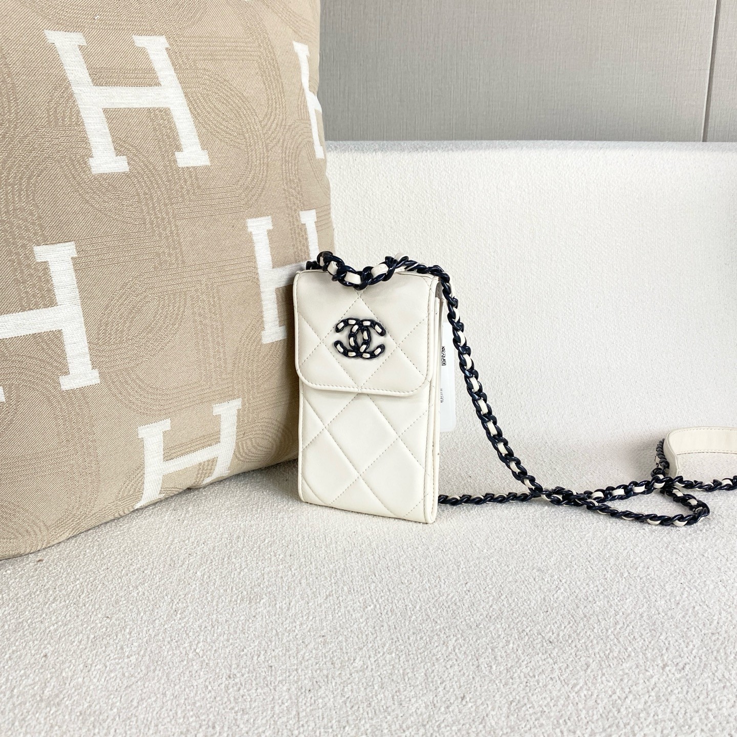 Chanel 19 Vertical Phone Crossbody Off‑White Lambskin Mixed Tone Chain Flag Bag