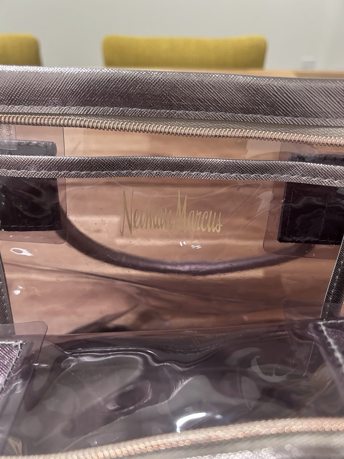 Neiman Marcus Clear PVC Metallic Tote Bag With Zipper And Inner Pouch NEW