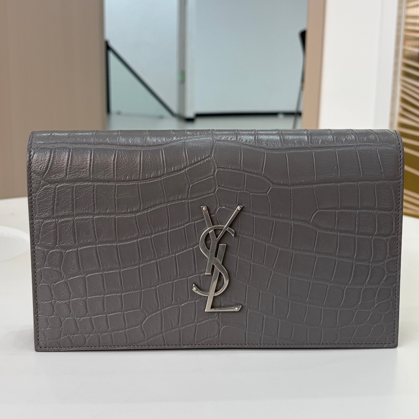 YSL Cassandre Normal Size Grey Crocodile Embossed Leather Clutch Duty Paid