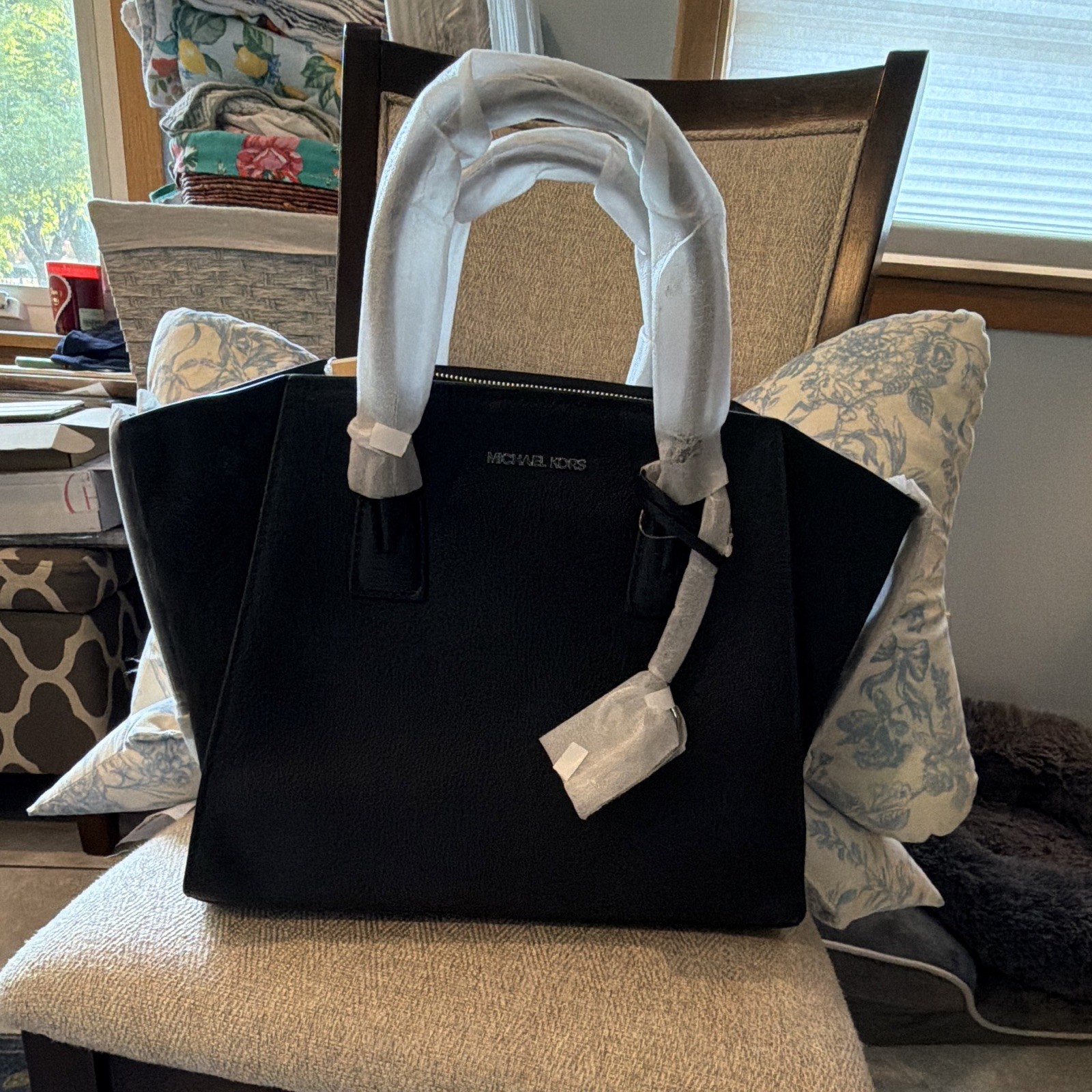 michael kors black large satchel top handle bag detachable strap logo silver hw