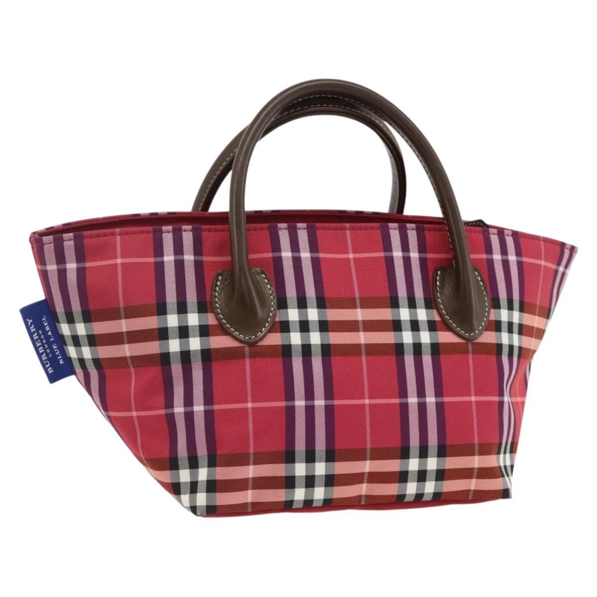 BURBERRY Nova Check Blue Label Hand Bag Nylon Leather Red Silver Auth 174065A