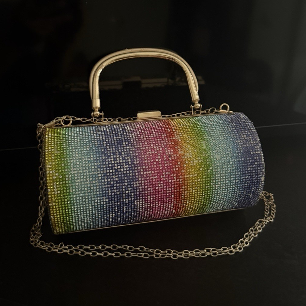 Women’s Rainbow Rhinestone Clutch Purse w/ Top Handle, Chain Strap, Clasp