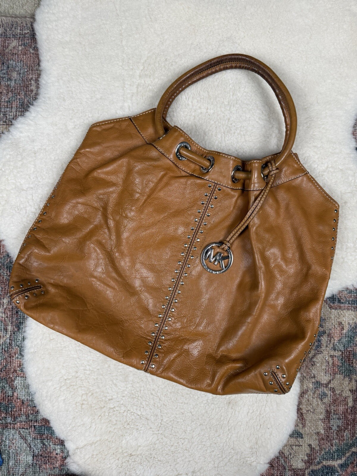 Michael Kors Brown Leather Purse Studded Tote Hobo Boho Western Cowgirl Bag