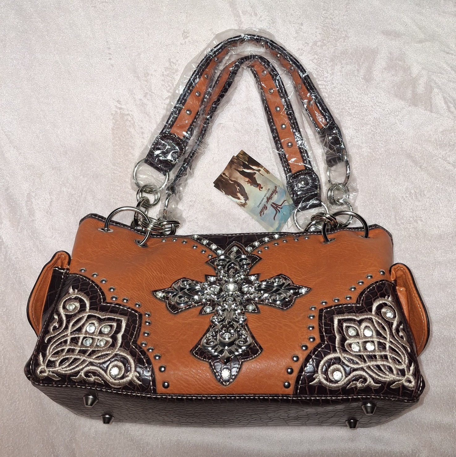 Hetitage West Western Satchel Brown Rhinestone Cross Studded Zip Strap