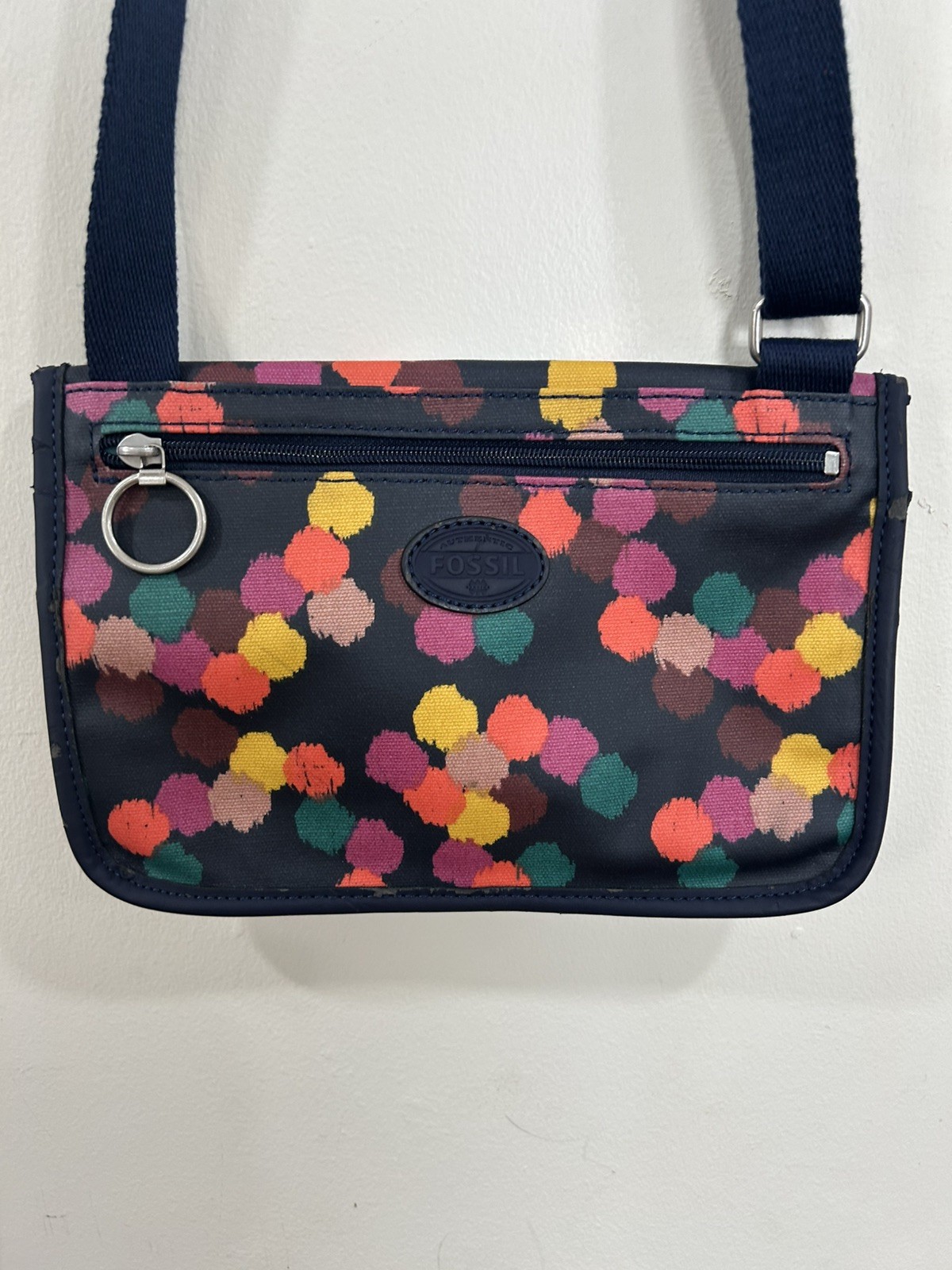 Fossil Crossbody Purse Handbag Circles Polka Dots 9×6” Navy Blue Colorful