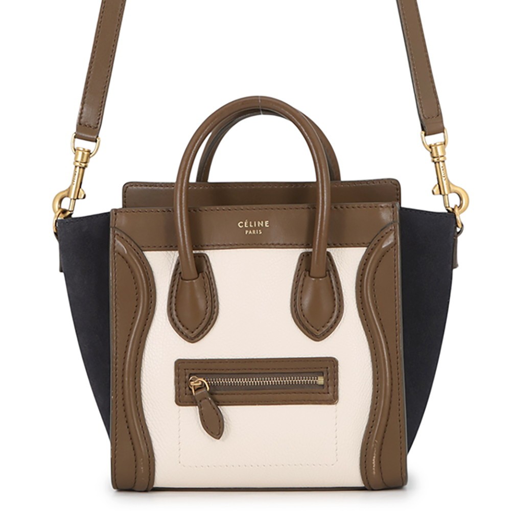 CELINE Luggage shopper Size Nano Drummed Calf / Smooth Calf Green/Ivory/Navy…