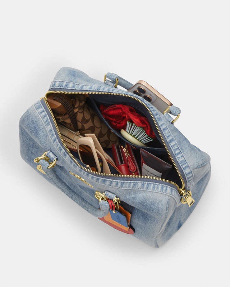 Coach CDY75 Rowan Large Satchel Bag In Loved Denim With Charms Light Indigo NWT
