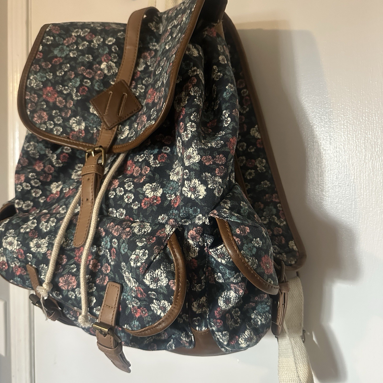 Vintage Y2K MUDD Canvas Floral Print Boho Backpack Satchel Bag w/Leather Trim