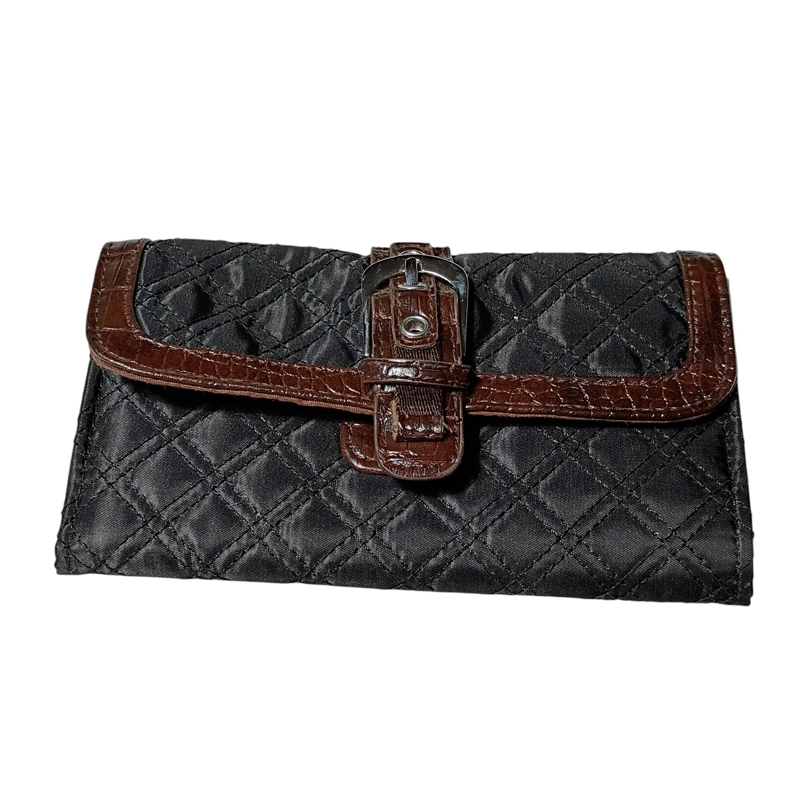 Quilted Wallet Black With Brown Trim Buckle Closure Card Slots Zip Pocket