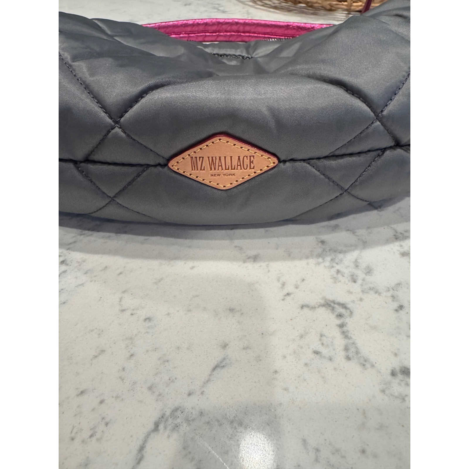 MZ Wallace Quilted Nylon Hobo Bag Magnet Grey Metallic Pink Handle Shoulder Bag