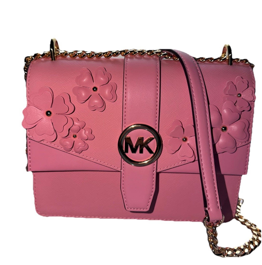 Michael Kors Small Pink Flap Crossbody Bag Gold Chain Strap Magnetic, Pockets